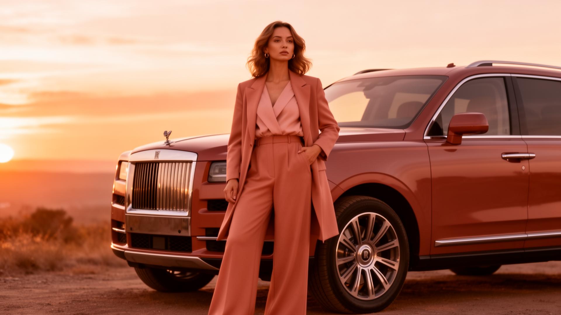 Confident woman with luxury SUV at sunset