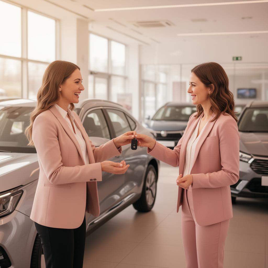 Woman handing car keys to a happy customer